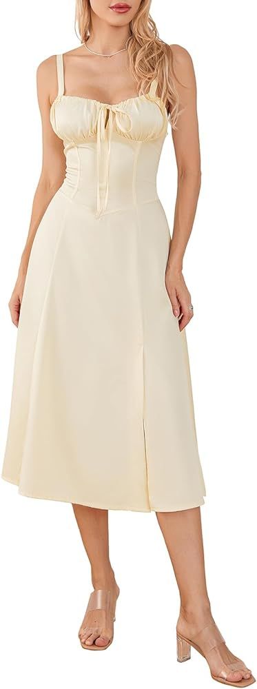 Women Bustier Long Dress Square Neck Low Cut Sleeveless Summer Boho Midi Dress Lace Trim A-Line S... | Amazon (US)