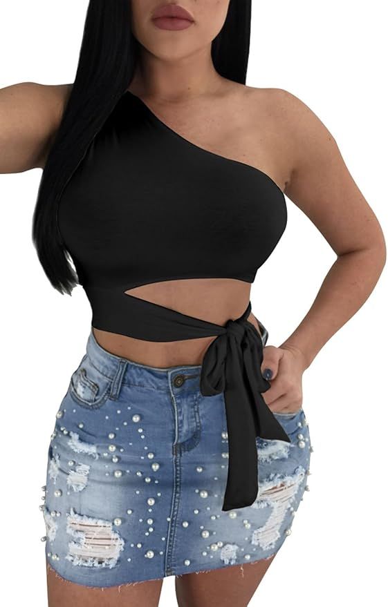 KAKALOT Women's Sexy One Shoulder Bandage Sleeveless Crop Tank Top | Amazon (US)