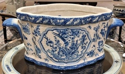 Chinoiserie Blue & White Porcelain Cachepot/Planter with Wood Stand-18'' x 10''H | eBay US