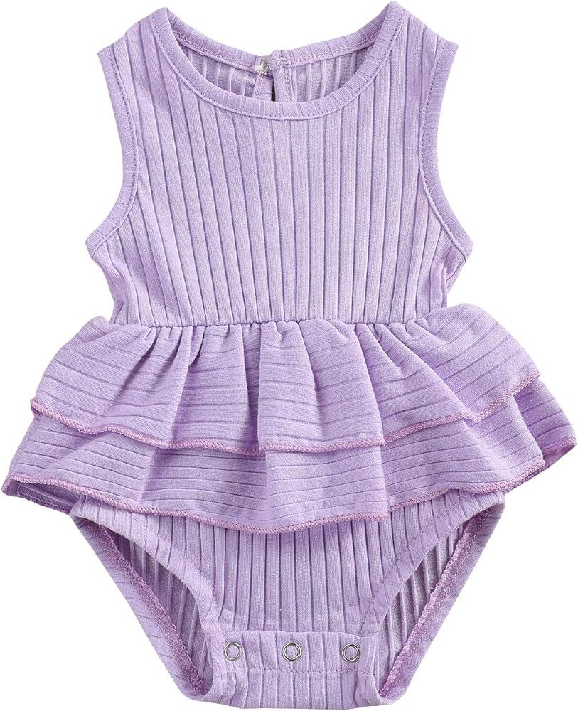 GOOCHEER Newborn Infant Baby Girl Knitted Cotton Romper Tutu Dress Sleeveless Bodysuit Jumpsuit Ribb | Amazon (US)