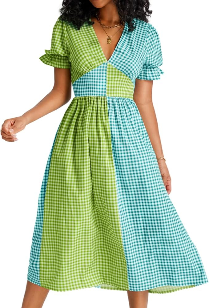 Kaei&Shi Color Block Gingham Dress,V Neck Puff Sleeve Midi Dresses,Cottagecore Vacation Summer Be... | Amazon (US)