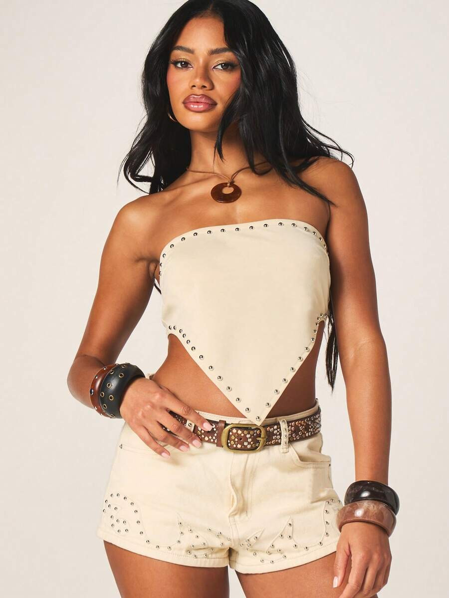 MISSGUIDED Women's Strapless Crop Top With Metal Studs Cut Out Design Bandeau Style Summer Festiv... | SHEIN