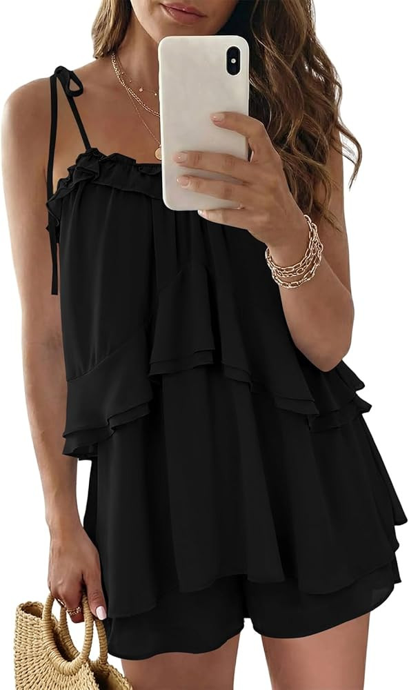 Wenrine Womens Summer Romper Dress Chiffon Spaghetti Strap Sleeveless Ruffle Tiered Short Jumpsui... | Amazon (US)