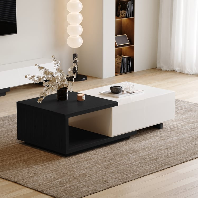 Quoint 68.9" Modern White & Black Coffee Table Retracted & Extendable with 2-Drawer | Homary | Homary