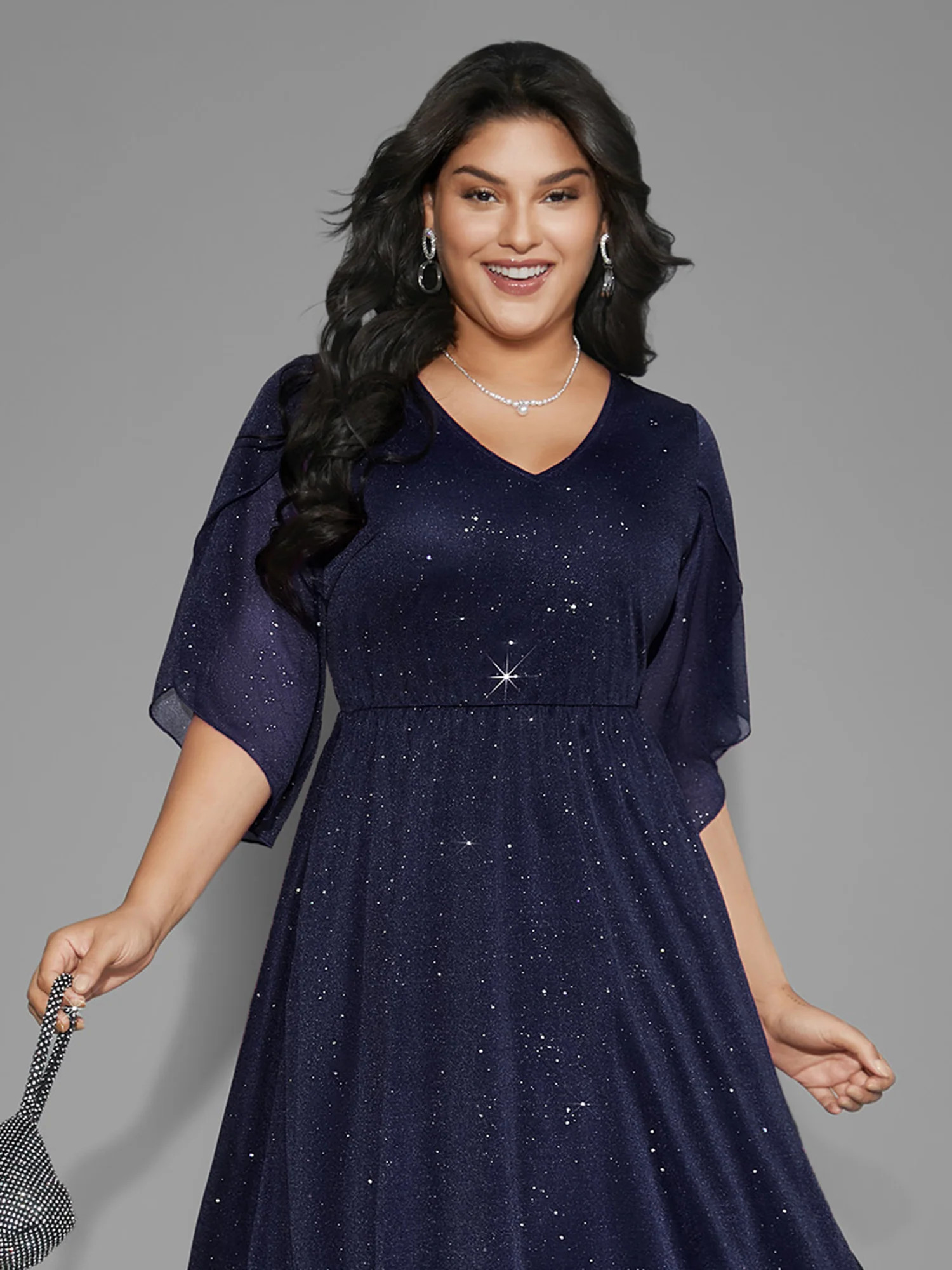 Glitter Mesh Petal Sleeve Midi Dress | Bloomchic