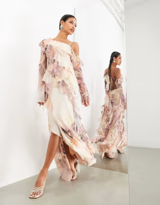 ASOS EDITION off shoulder asymmetric frill detail maxi dress in blush watermark floral print | ASOS (Global)