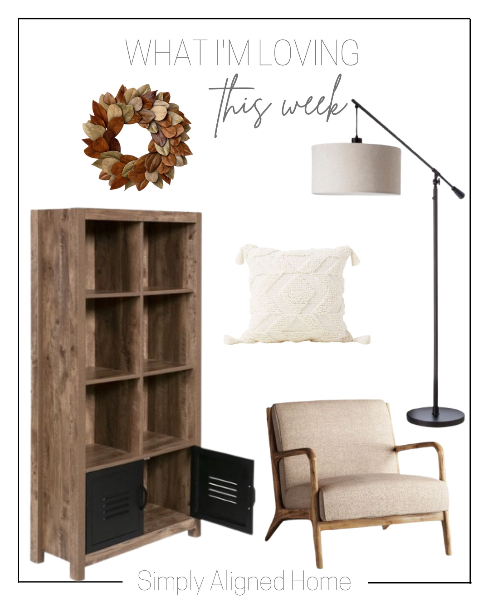 —bookshelf wood and black metal oak one space—magnolia dried wreath brown—wood armchair—cantilever drop pendant floor lamp antique brown—woven textured square throw pillow cream 

#LTKhome #LTKstyletip #LTKfamily