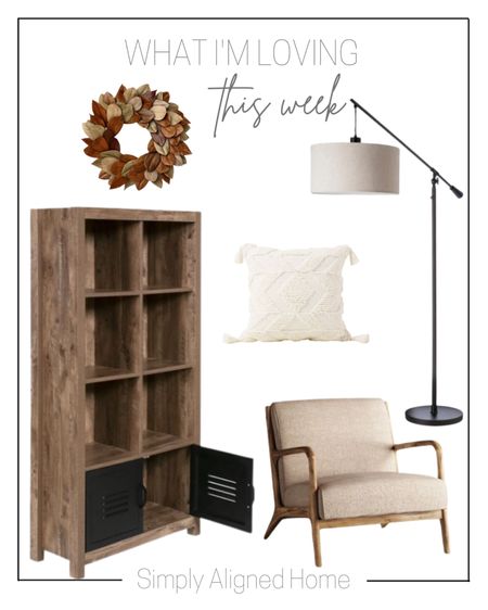 —bookshelf wood and black metal oak one space—magnolia dried wreath brown—wood armchair—cantilever drop pendant floor lamp antique brown—woven textured square throw pillow cream 

#LTKhome #LTKstyletip #LTKfamily
