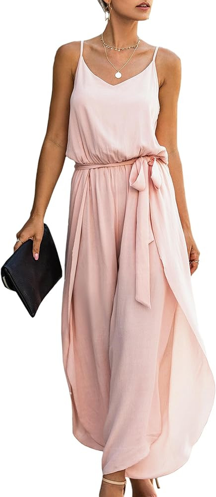 ECOWISH Womens Jumpsuit Spaghetti Strap Wide Leg Split Jumpsuits Long Overalls Summer Beach Loose... | Amazon (US)
