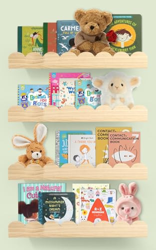 Floating Scalloped Shelves for Nursery - Nursery Bookshelf for Wall Set of 4, Floating Wall Book Shelves for Bedroom Kids, 16 Inch, Natural | Amazon (US)