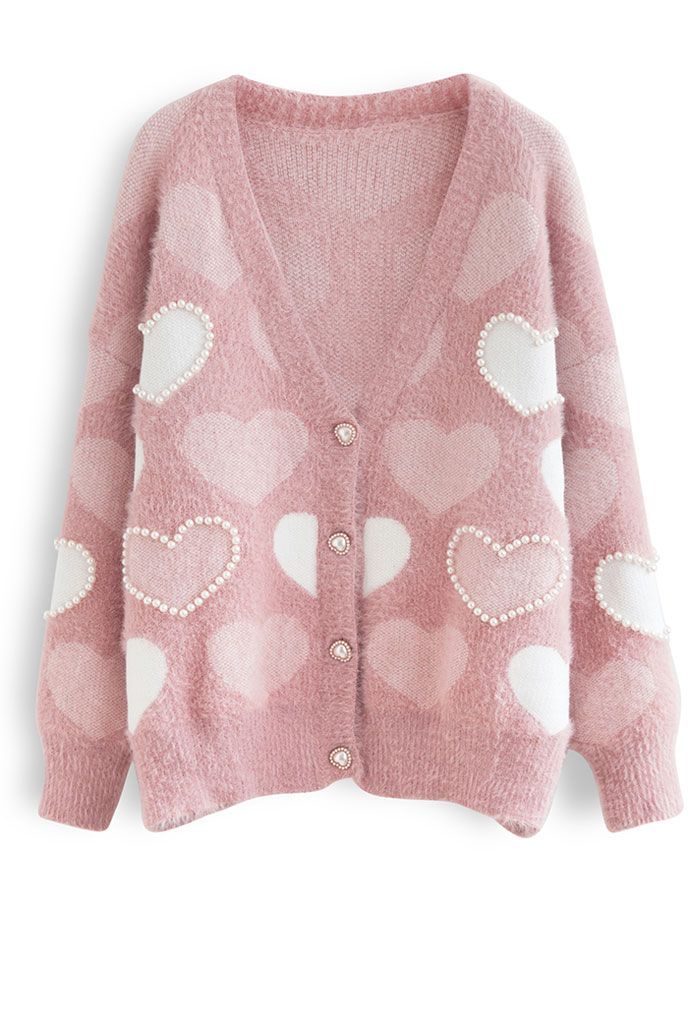 Pearly Contrast Heart Soft Fuzzy Knit Cardigan in Pink | Chicwish