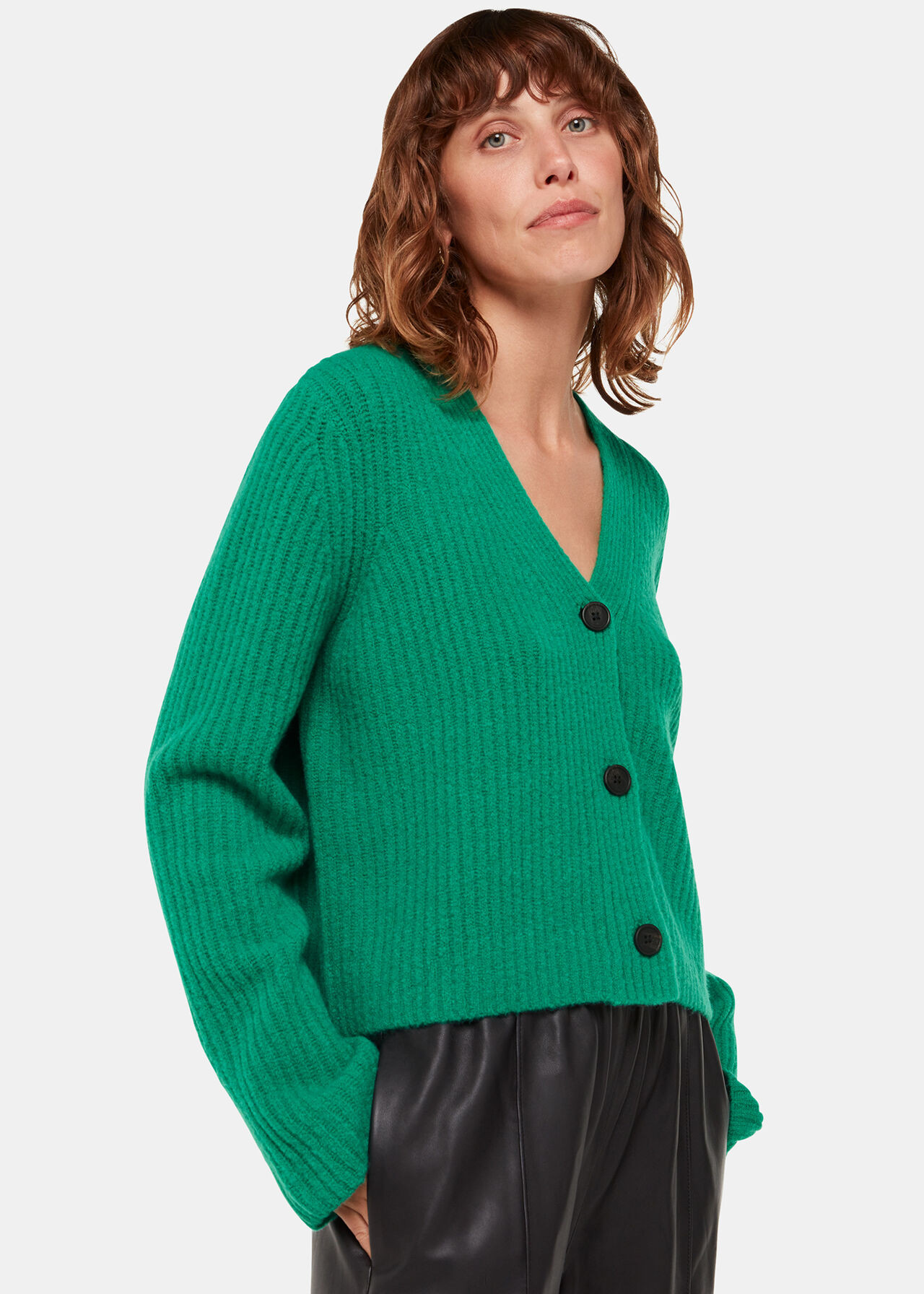 Green Wool Mix Rib Cardigan | WHISTLES | | Whistles