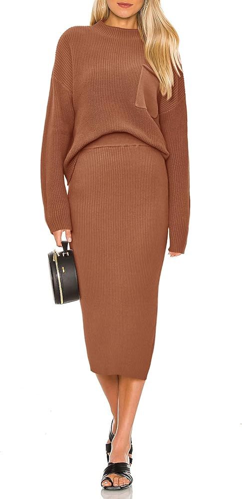 PRETTYGARDEN Womens 2023 Fall Two Piece Outfits Ribbed Knit Long Sleeve Pullover Sweater And Bodycon | Amazon (US)