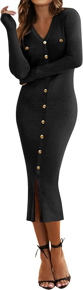 HAEOF Women's 2025 Fall Bodycon Midi Sweater Dress Fashion Button V Neck Long Sleeve Ribbed Knit ... | Amazon (US)
