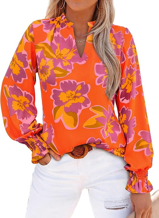 MASCOMODA Womens V Neck Floral Long Sleeve Tops 2026 Summer Casual Loose Puff Sleeve Chiffon Boho... | Amazon (US)