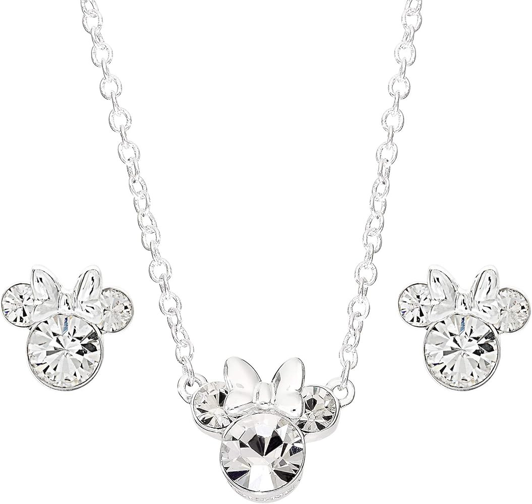 Disney Womens Crystal Minnie Mouse Necklace and Stud Earrings- Silver Plated Minnie Mouse Earring... | Amazon (US)