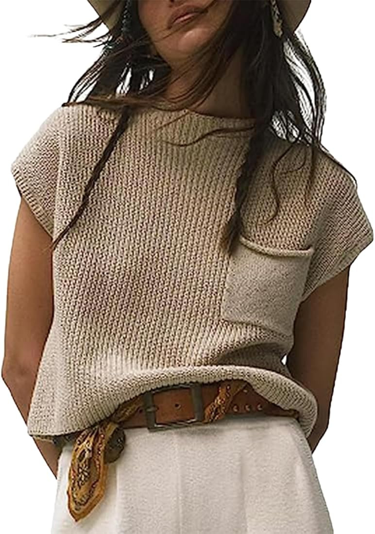 SKIKYAN Women Cap Sleeve Knit Sweater Vest Crop Tops Casual Loose Tank Top Ribbed Pullover Shirts | Amazon (US)