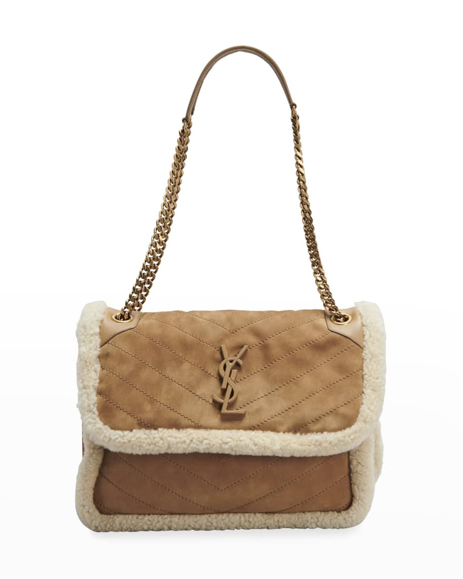 Niki YSL Monogram Medium Nubuck & Shearling Shoulder Bag | Neiman Marcus