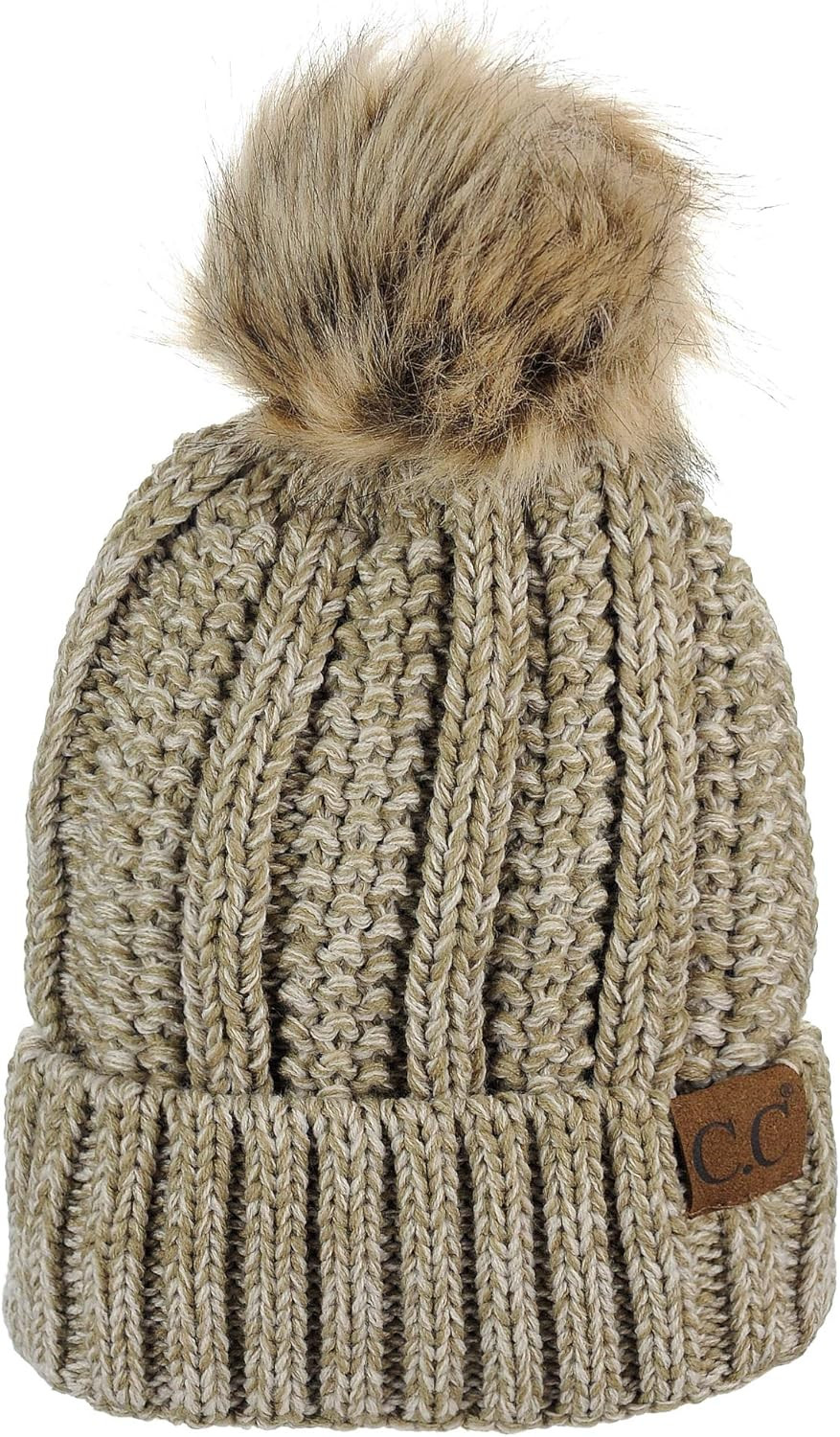C.C Thick Cable Knit Faux Fuzzy Fur Pom Fleece Lined Skull Cap Cuff Beanie | Amazon (US)