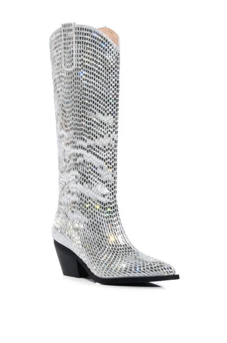 AZALEA WANG DRIVEN RHINESTONE WESTERN BOOT IN SILVER | AKIRA