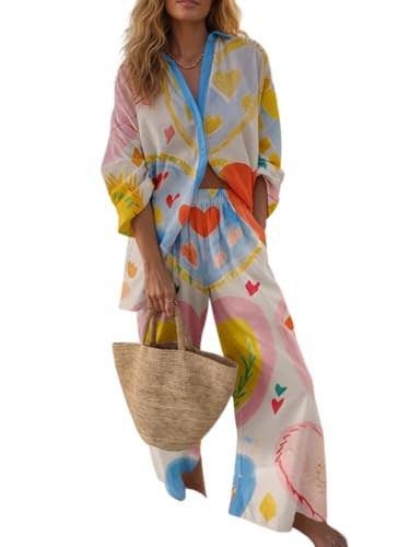 Epanus Women's Watercolor Heart Print 2 Piece Outfit, Long Sleeve Button Down Shirt and Wide Leg Pants Matching Set, Romantic Beach Resort Summer Set | Amazon (US)