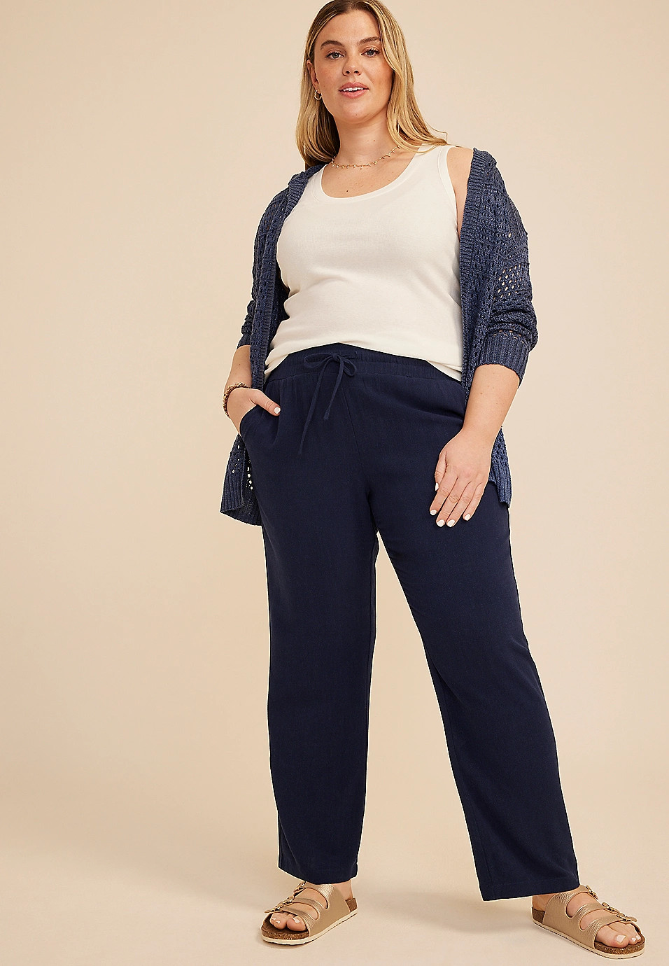 Plus Size Linen Like High Rise Pull On Wide Leg Pant | Maurices