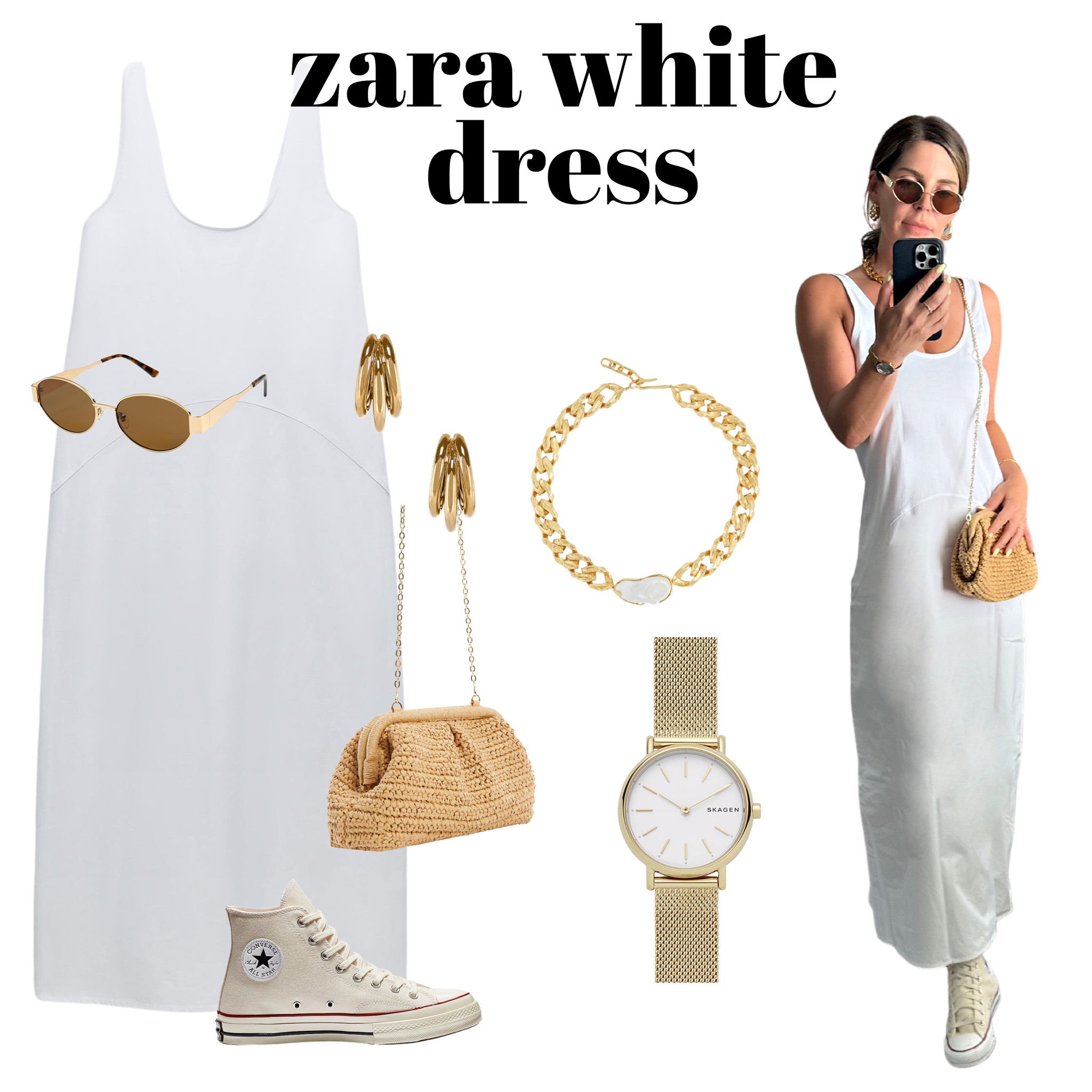 Such a versatile dress from Zara! Complete with gold accents:) Zara product number : WHITE | 4174/165  summer dress beach dress white dress vacation dress Zara summer dress. zara #dupe #celinedupe #converse #traveloutfit #eurosummer #whitesdress 

#LTKSummerSales #LTKSeasonal #LTKFindsUnder100