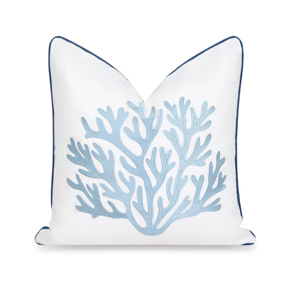 Coastal Indoor Outdoor Throw Pillow Cover, Embroidered Sea Life Coral with Piping, Navy Baby Blue... | Hofdeco