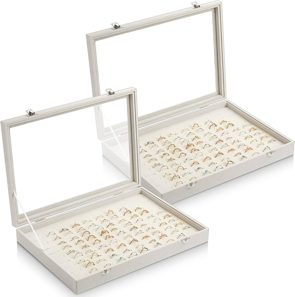 Yinkin 2 Pcs 100 Slots Ring Organizer Box with Transparent Glass Lid Necklace Display Tray Ring C... | Amazon (US)