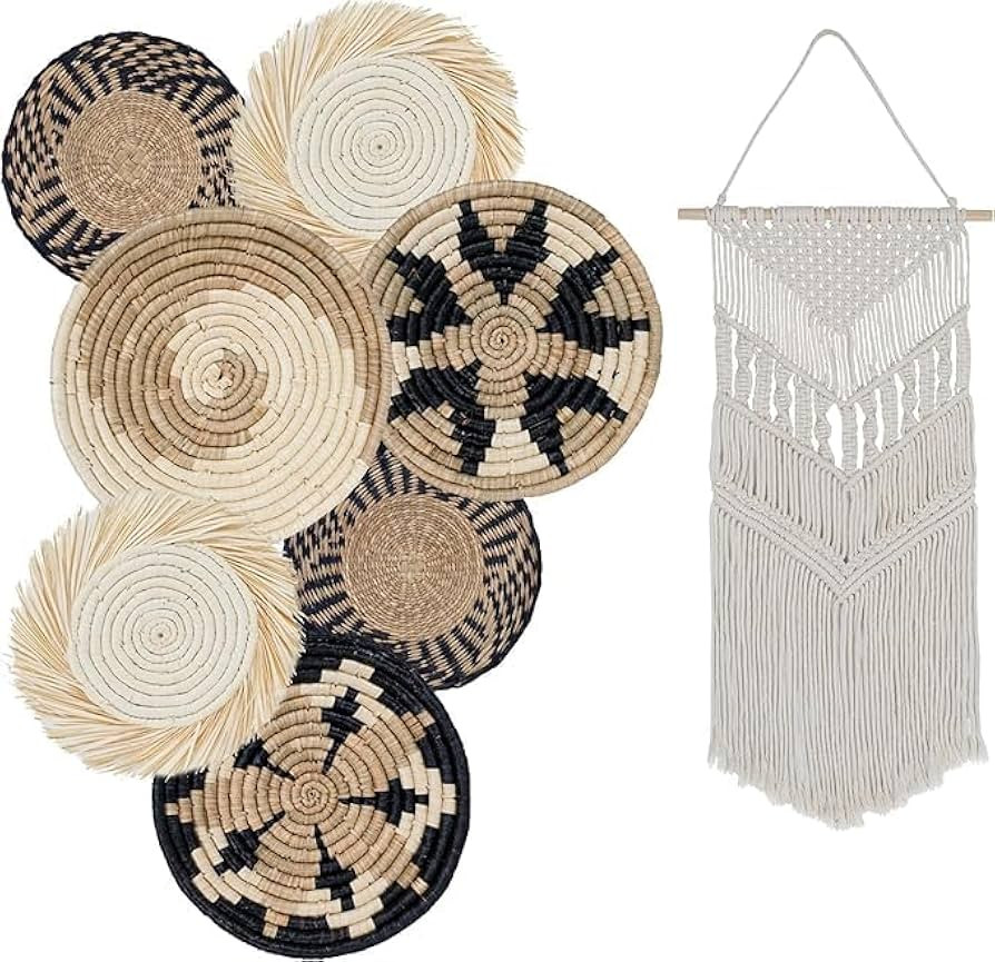 BOHO11 Set of 7 Handwoven Seagrass Wall Baskets with Macramé – Boho Farmhouse Wall Decor for L... | Amazon (US)