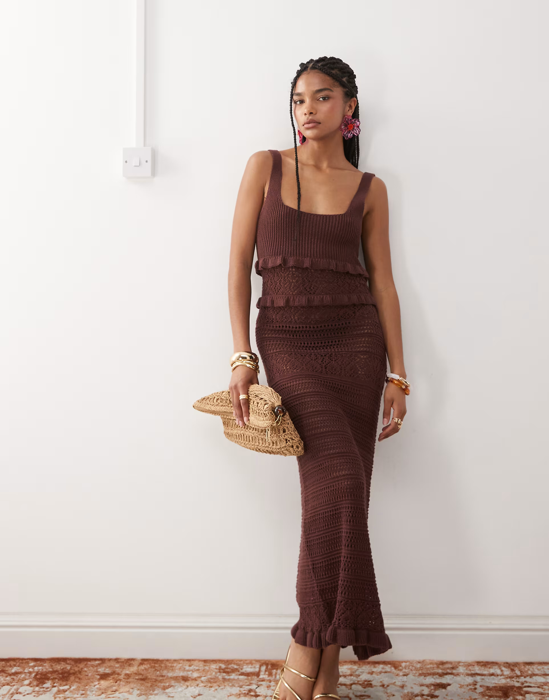 Miss Selfridge frill crochet maxi dress in chocolate | ASOS | ASOS (Global)