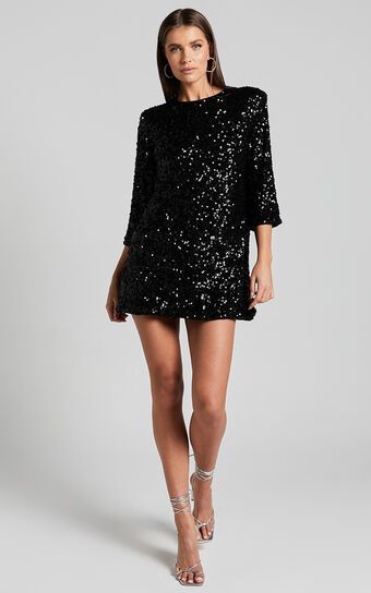 Audrienna Mini Dress - Sequin Long Sleeve Scoop Neck in Black | Showpo (US, UK & Europe)
