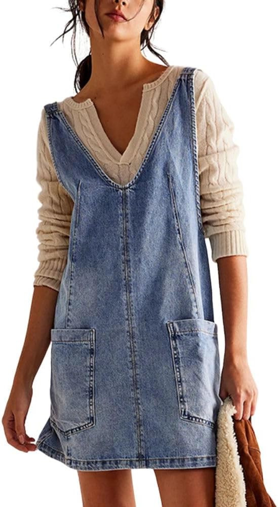 yoeasy Women's V Neck Sleeveless Denim Overall Dress Adjustable Strap Summer Mini Pinafore Jean D... | Amazon (US)