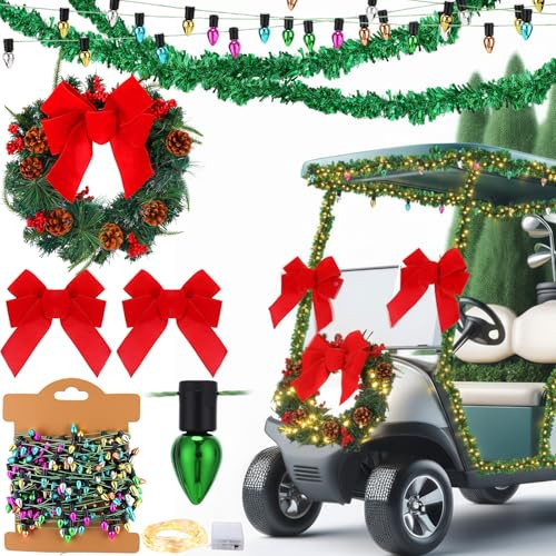 Glitinsel 11 Pcs Christmas Golf Cart Decor Set with 16 Pre-Lit Wreath Red Bow 32.8 Tinsel Garland LED String Lights 32.8 Bead Garland Xmas Holiday Golf Cart Accessories for Parade Outdoor Display | Amazon (US)