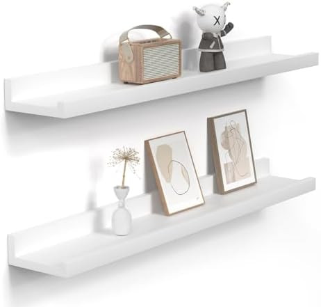 Picture Ledge Shelf for Wall, 48 inch Solid Pine Wood Nursery Book Shelves 2 Packs, Floating Ledge Shelves for Kids' Room Bedroom Bathroom Living Room Photo Frames Office Nursey Wall Decor, White | Amazon (US)