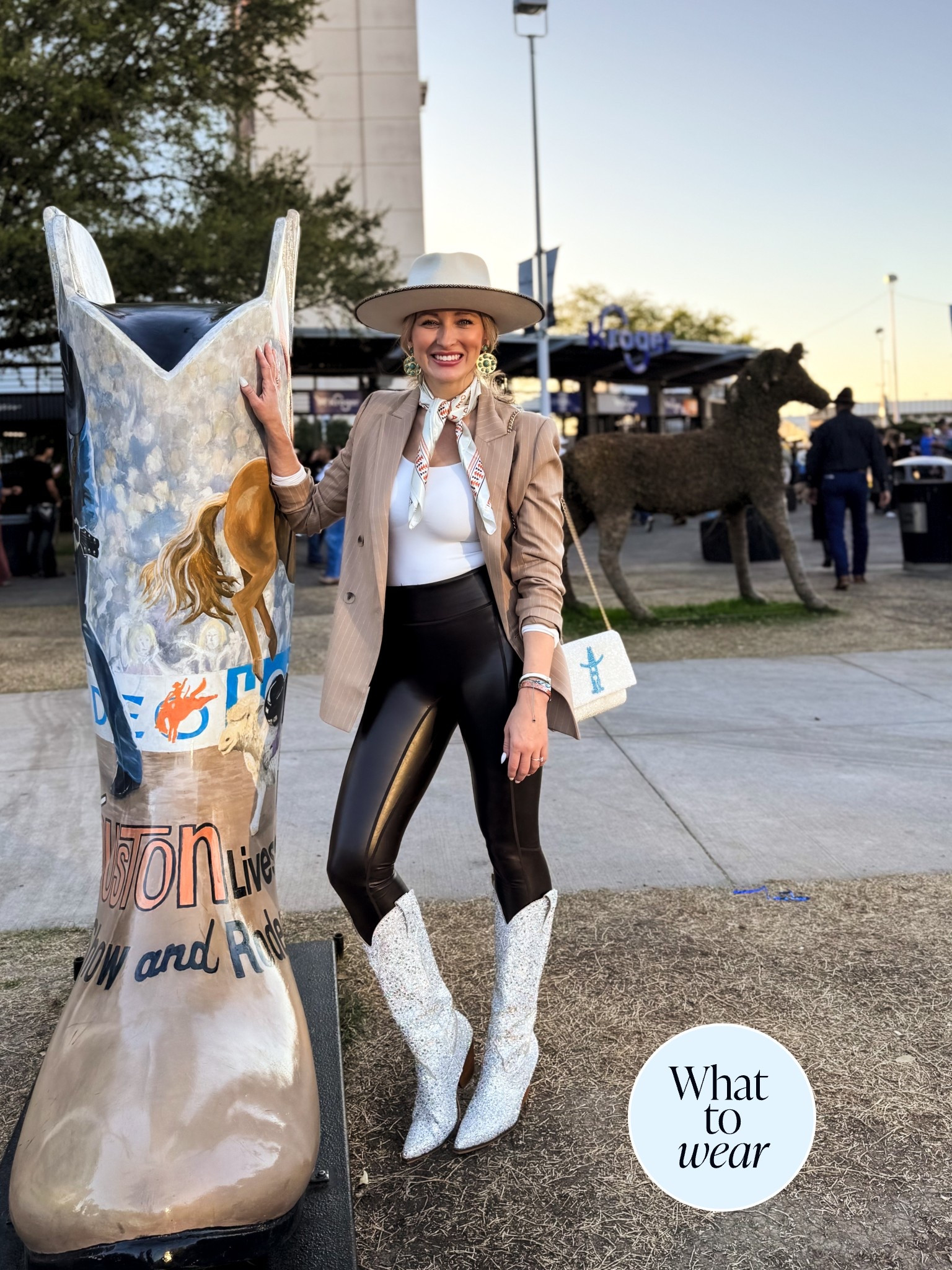 Houston rodeo outfit! Leather leggings are my favorite postpartum! Texas outfit! Rhinestone boots! Rodeo 

#LTKFestival 

#LTKItBag #LTKFindsUnder100