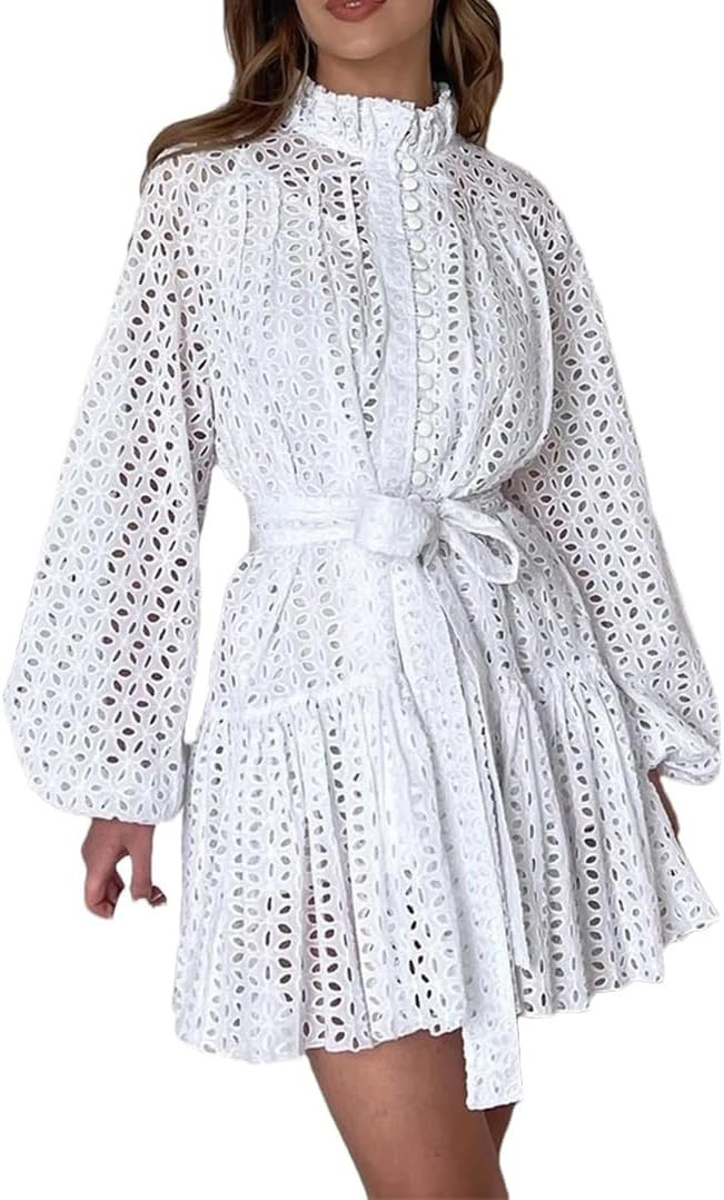 Women Casual White Dress Stand Collar Puff Long Sleeve Mini Dress Lace Up Belt Pleated Dresses | Amazon (US)
