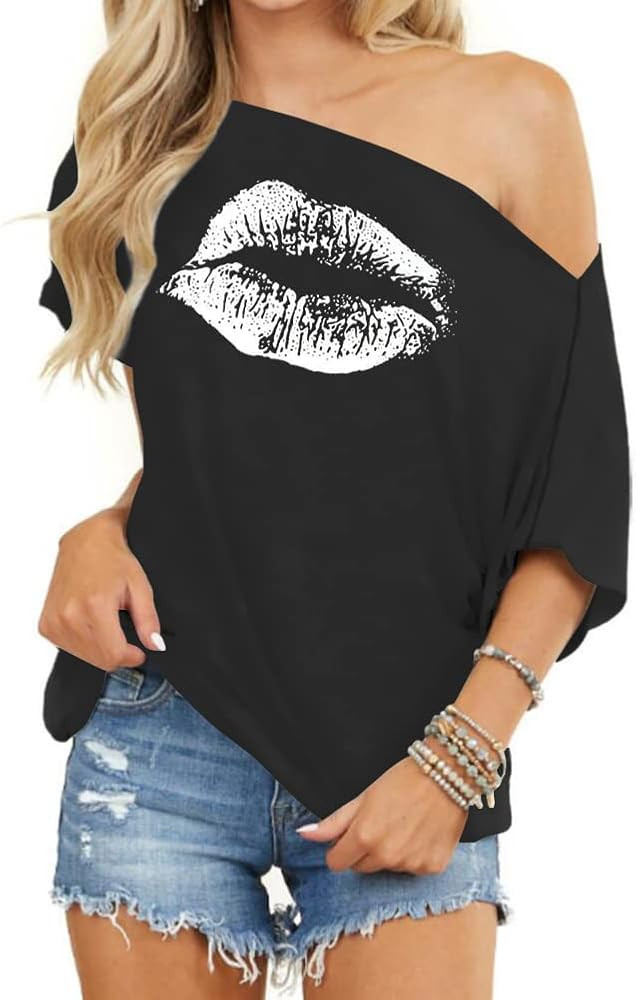 Womens Off Shoulder Batwing Sleeve Tops Summer Cute Graphic Tee Lips Print Tshirt Black and White... | Amazon (US)