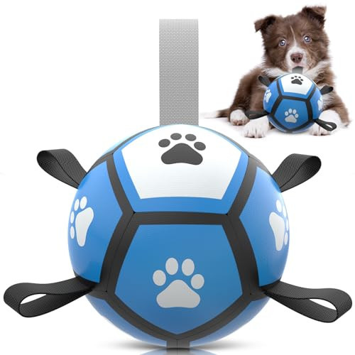 QDAN Dog Toys Soccer Ball - Durable Dog Balls for Small Dogs, Puppy Birthday Gifts, Dog Tug Toy with Strap for Tug of War (5 Inch) | Amazon (US)