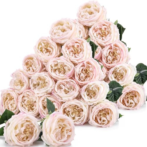 Giegxin 20 Pcs Real Touch Peonies Austin Roses Artificial Flowers, Faux Look Real Long Stems Fake Flower with Big Blooms for Christmas Valentines Wedding Party DIY Arrangement Home Decor(Light Pink) | Amazon (US)