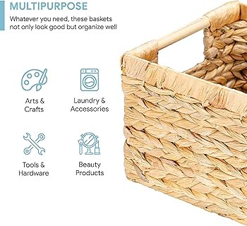 Cesta de almacenamiento de jacinto de agua natural con asa, cesta rectangular de mimbre para orga... | Amazon (US)