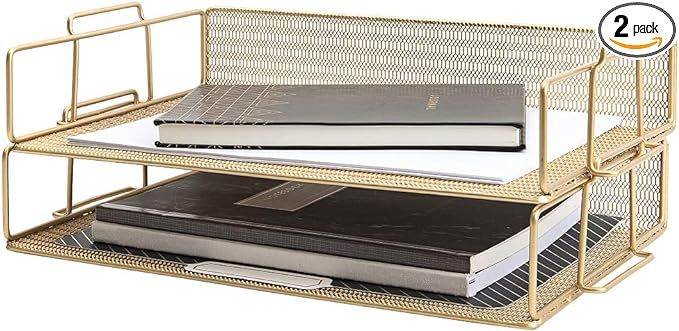 Gold File Organizer for Desk Gold Office Desk Accessories 2 Tier Gold Paper Tray - Document Tray ... | Amazon (US)