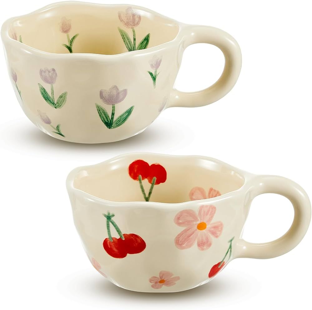 2 Pcs Ceramic Coffee Mug Creative Flower Cup Floral Mug with Handles 8.5 oz Cute Aesthetic Tea Po... | Amazon (US)