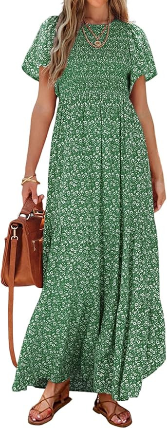 PRETTYGARDEN Women's 2025 Summer Casual Flutter Short Sleeve Boho Floral Maxi Dress Crew Neck Smo... | Amazon (US)