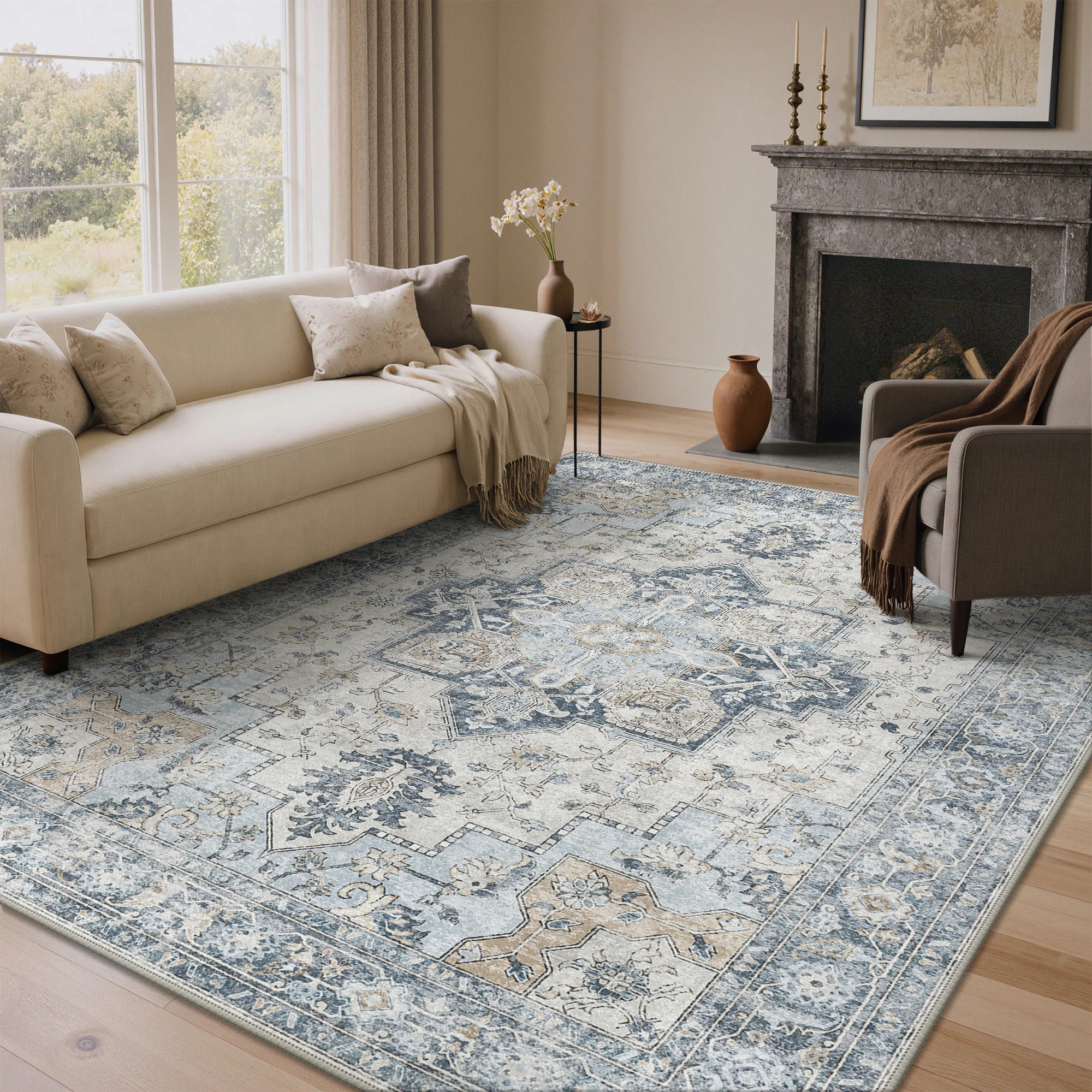 Roehit Beige / Brown Machine Washable Performance Area Rug with Non-slip Backing | Wayfair North America