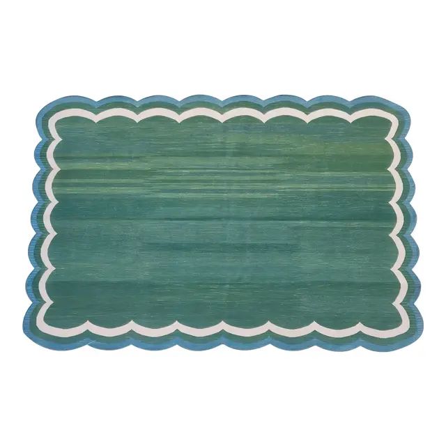 Handmade Cotton Scalloped Rug, Forest Green with Cream and Blue Full Border - 9'x12' | Chairish