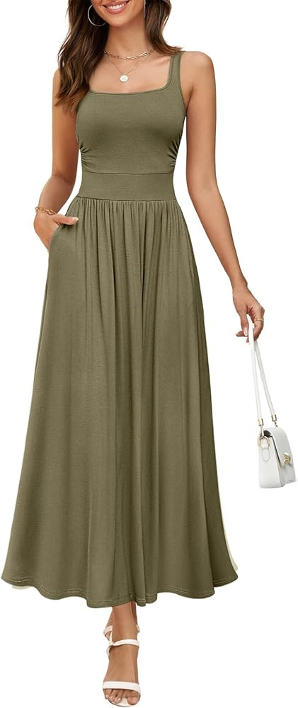 MEROKEETY Women's 2025 Summer Sleeveless Tank Dress Casual Square Neck Flowy Maxi Sundress with P... | Amazon (US)