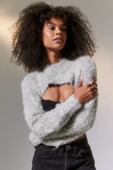 UO Aimee Fluffy Sparkle Shrug Sweater | Urban Outfitters (US and RoW)