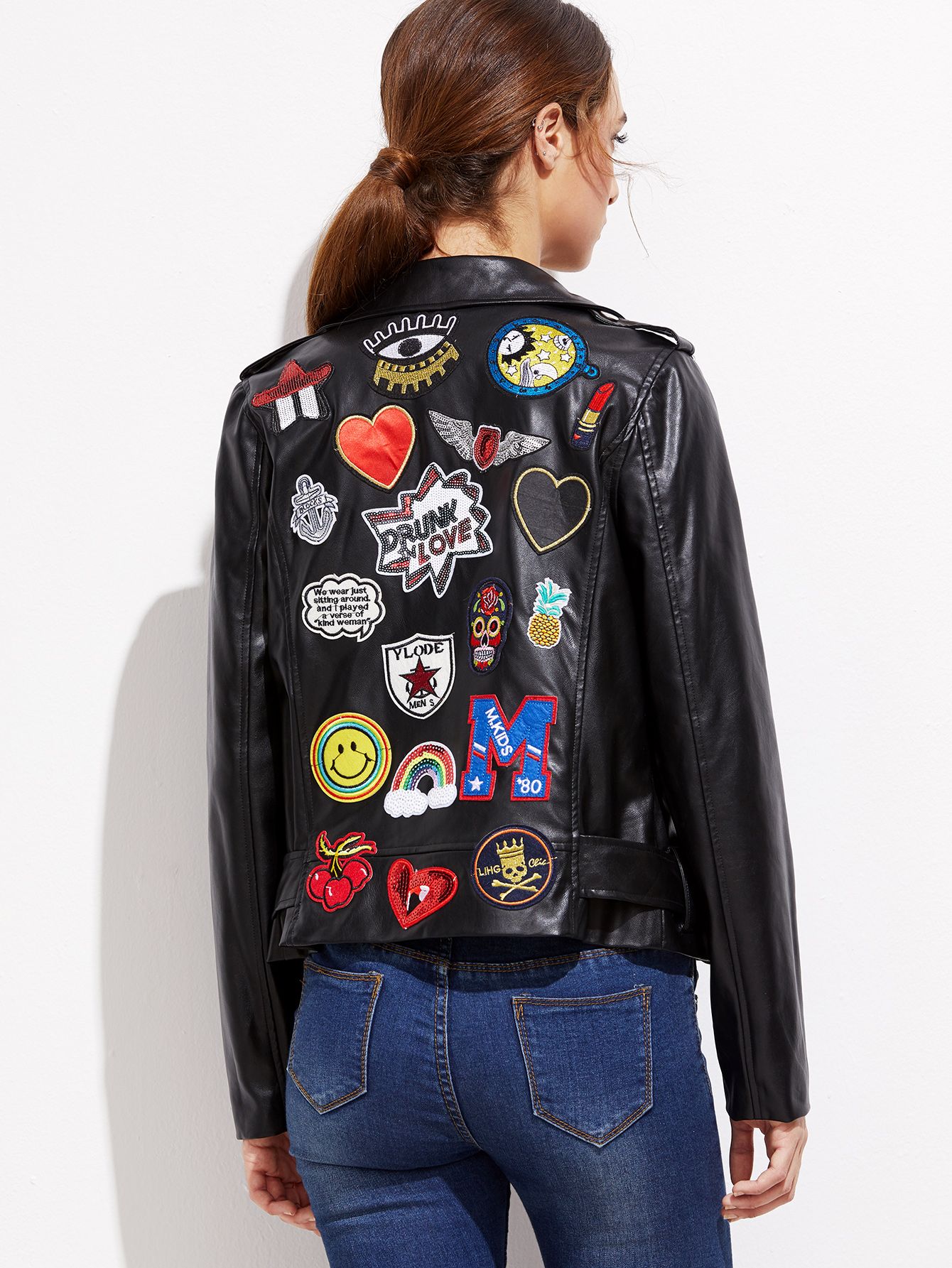 Black Embroidery Patch Moto Jacket With Buckle Detail | SHEIN