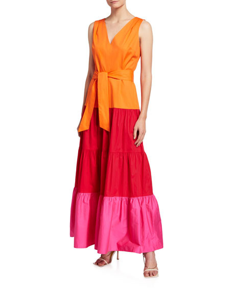 Nicola Colorblock Tiered Poplin Maxi Dress | Neiman Marcus